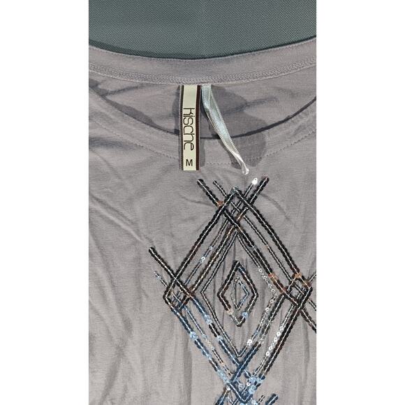 kische Gray Sleeveless Tank Top M Beaded Sequin Geometric Boho Festival Style - Picture 3 of 5